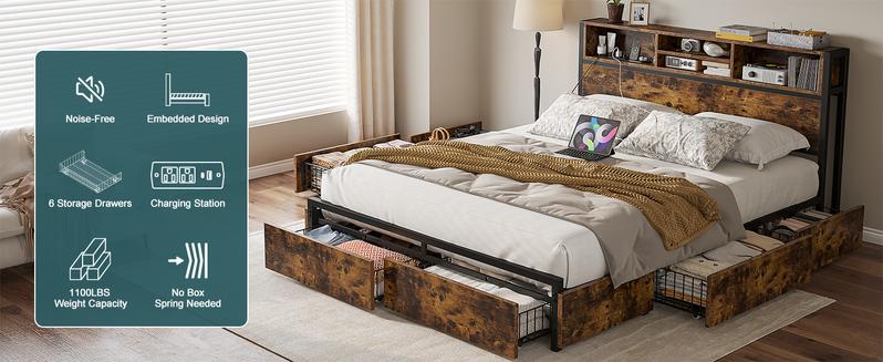 Bed Frame with 6 Storage Drawers, MATTRESS NOT INCLUDED, Bed Frame with Headboard Charging Station ,with Storage No Noise,No Box Springs Needed,Vintage Brown