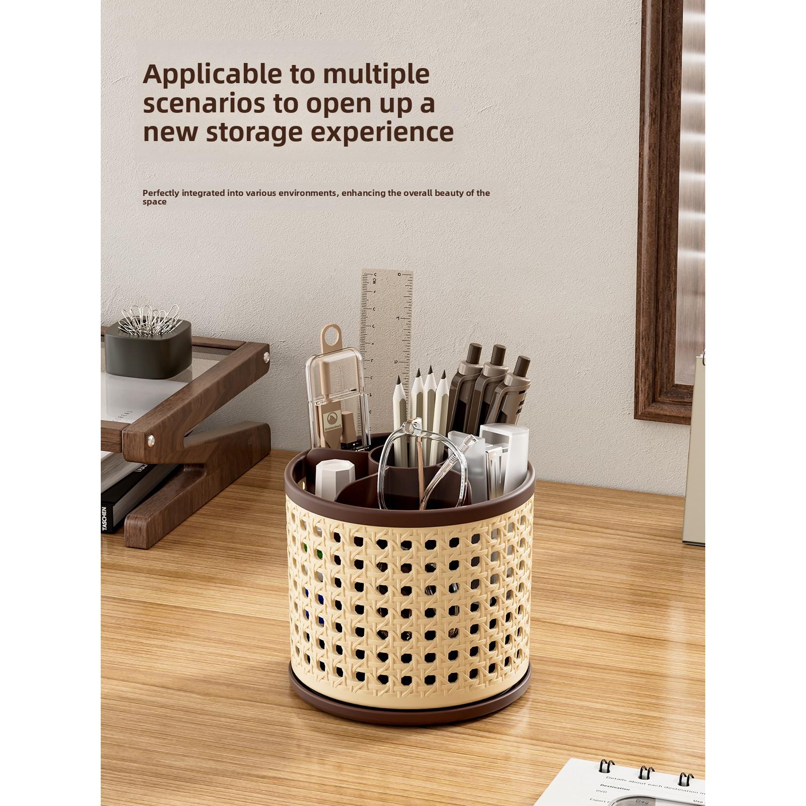 360° Rotating Pen Holder, Spacious Desktop Organizer for Students, Makeup Brush Storage Box, Independent Compartments, Vintage Style Design