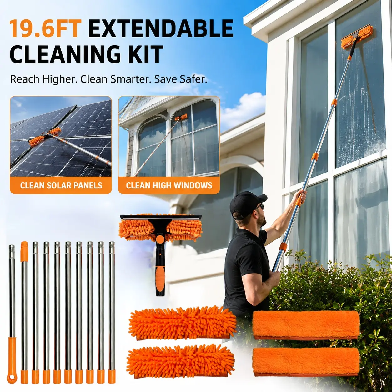 19.6ft High-End Extendable Window Cleaning Kit, Includes 4 Microfiber Cloths, Professional Ladder with Sponge Head & Squeegee, Easy Clean Hard-To-Reach Areas