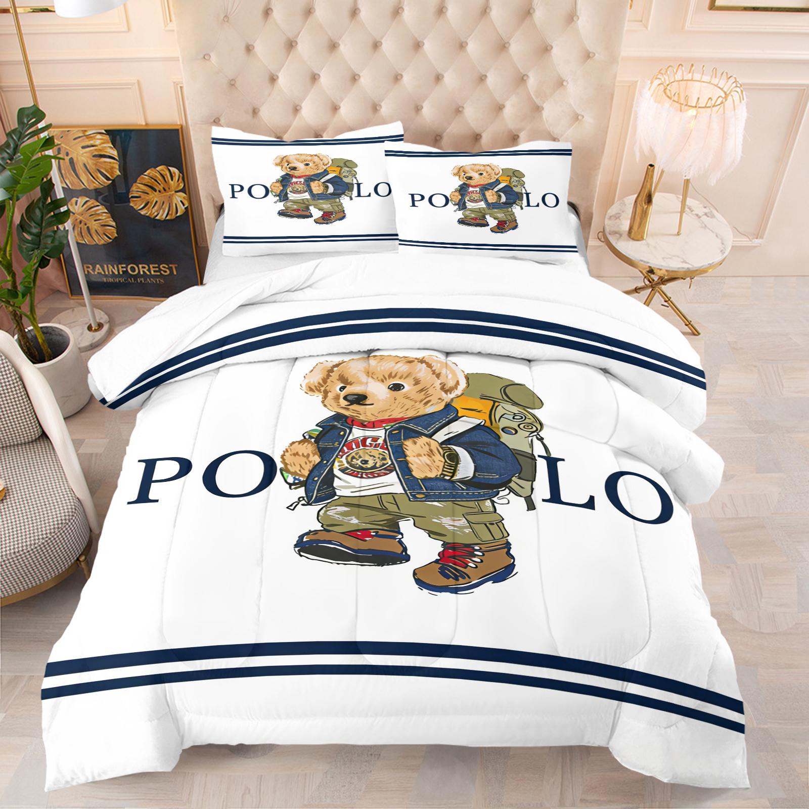 Ling grid patterned teddy bear printed bedding set, including 1 blanket and 1 or 2 pillowcases without pillowcases, soft children's or adult bedroom decoration gift Soft Bedding Sets