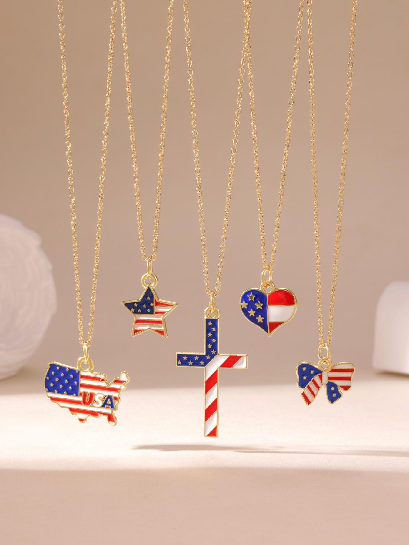 American Flag Style Star Heart Cross Shape Gold Necklace Lightweight All Season For Women Daily Wear