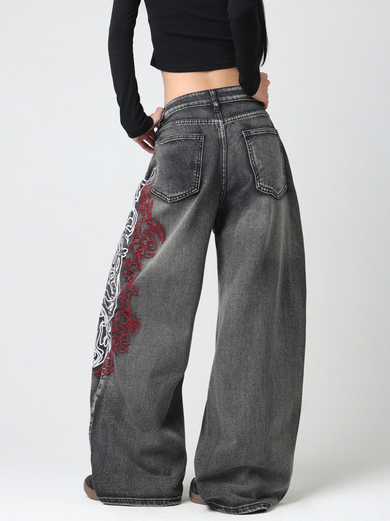 Women's Totem Embroidered Jeans, American Street Style, Comfortable Loose Fit, Trendy Wide Leg Pants, Fashionable All-Season, Casual Comfy Denim, Embroidered Denim Pants, Denim Clothing