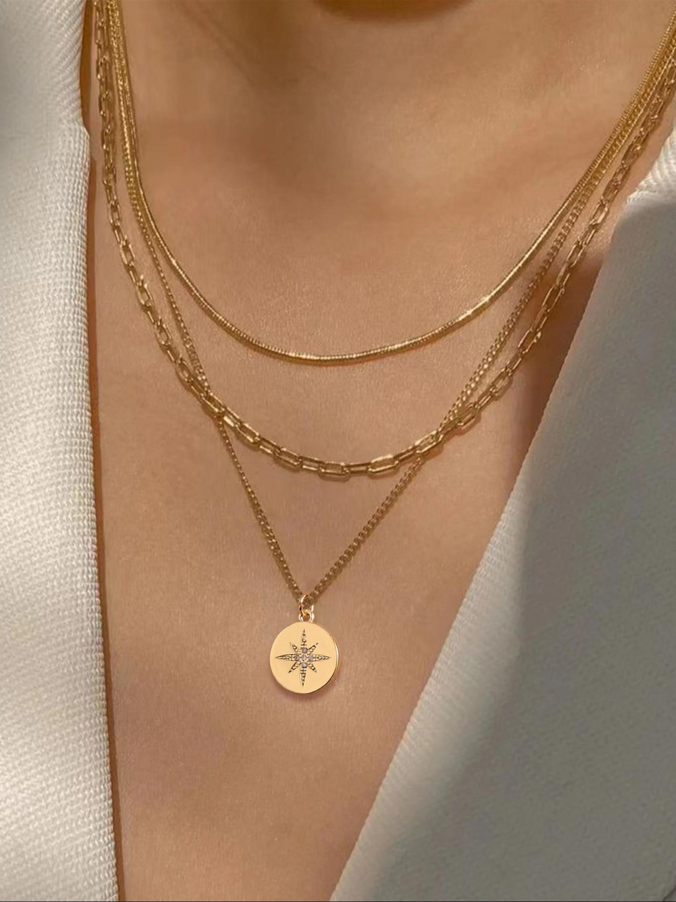 3 Piece Trendy Grid Paperclip Box Chain Set with Sparkling Star Artificial Zircon Rectangle Mini Pendant Necklace Minimalist Chain Necklace