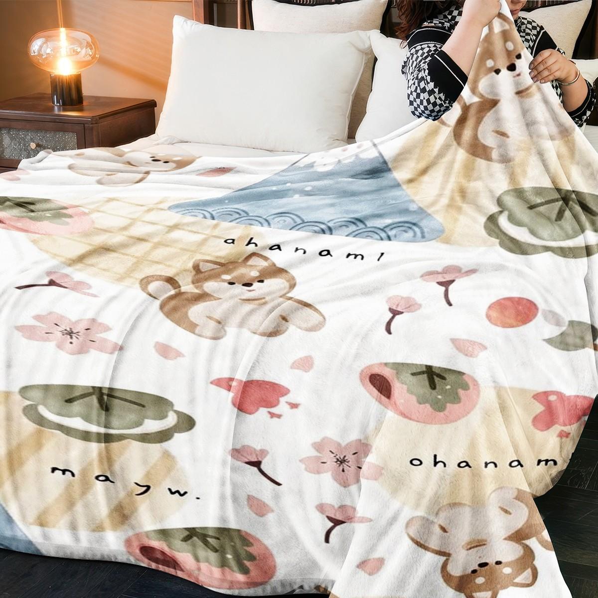 Cute Puppy Cherry Blossom Print Blanket, Soft Skin-Friendly Portable Throw, Ideal for Bedroom, Sofa, Office, Outdoor, Gift