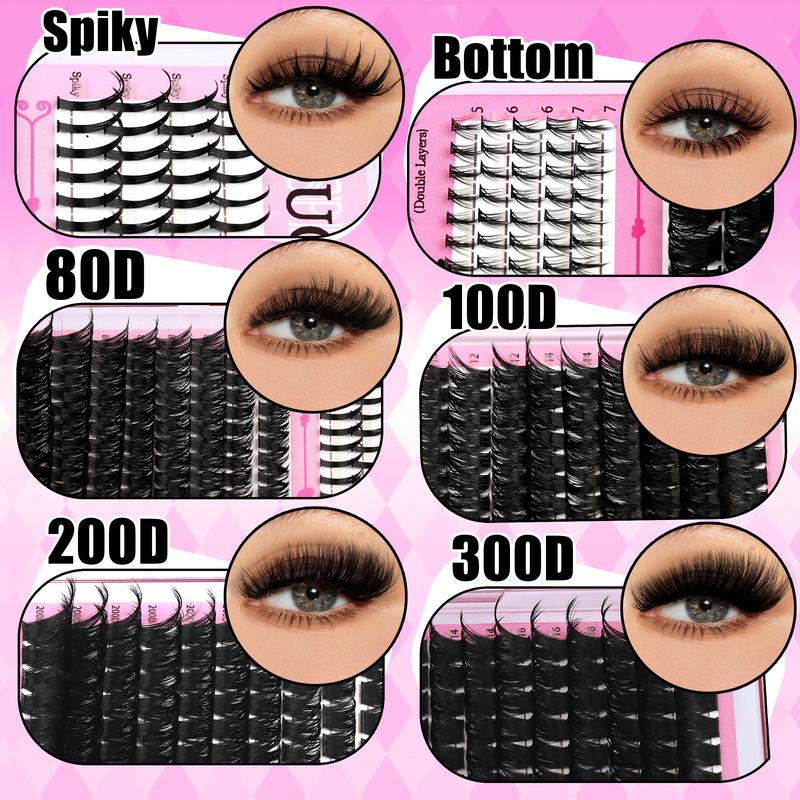 6 Styles Lash Cluster Kit, Spike/Bottom/80D/100D/200D/300D Volume Lashes, 980 Pcs 5–20 mm D-Curl Cluster Eyelash Extension Kit with Lash Bond and Seal (2 Bottles), Remover, Tweezers and Brush for Easy DIY at Home 6 Styles Lash Cluster Kit, Spike/Bottom/80D/100D/200D/300D Volume Lashes, 980 Pcs 5–20 mm D-Curl Cluster Eyelash Extension Kit with Lash Bond and Seal (2 Bottles), Remover, Tweezers and Brush for Easy DIY at Home