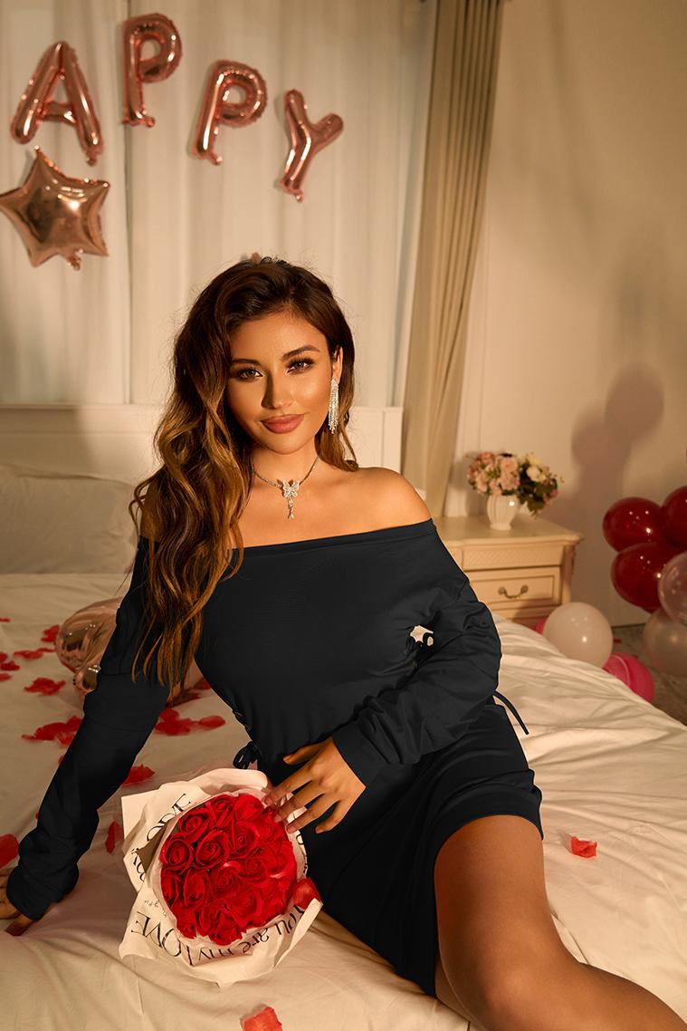 OYV Women's Sexy Off Shoulder Long Sleeve Lace Up Loose Club Mini Dress OYV Women's Sexy Off Shoulder Long Sleeve Lace Up Loose Club Mini Dress