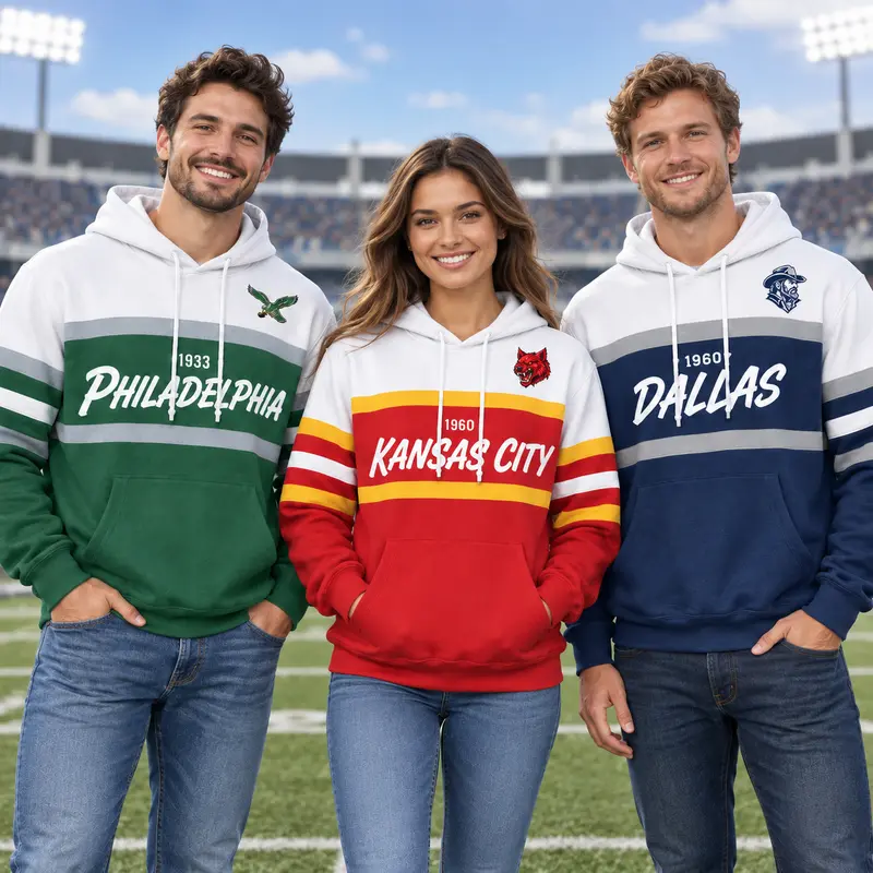(Only Pattern Own Design No Team Logo) Unisex Football Retro City Letter Hoodie, All Team Color‑Block Striped Hooded Sweatshirt, Long‑Sleeve Casual Top For Sports Game Day And Daily Street Outfits