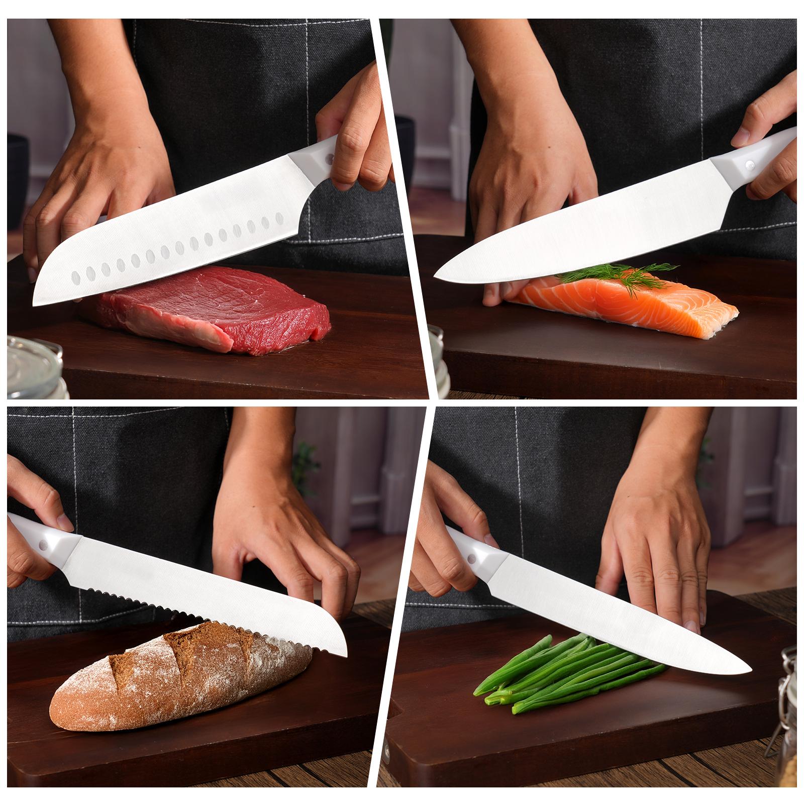 15 Pieces, Kitchen Knife Set, Solid Wooden Knife Holder, Plastic Knife Holder, Chef's Knife, Japanese Knife, Meat Knife, Bread Knife, Steak Knife, Fruit Knife, Scissors, Meat and Vegetable Cutter,  Gift Set Kitchenware Sturdy Stylish Stainless Steel