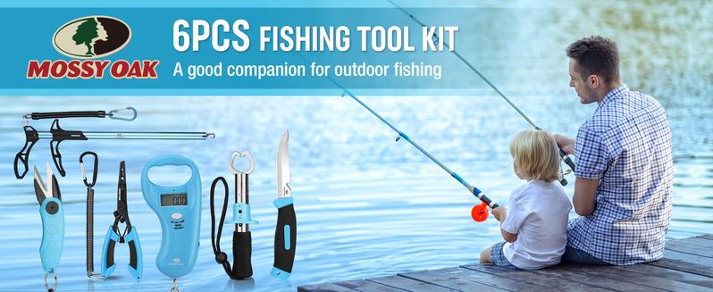 #JumpstartSale Mossy Oak Fishing Tools Kit - Plier, Fillet Knife, Lip Gripper, Hook Remover, Digital Scale, Line Snip, Fly Retractor, With Sheath Lanyard - Gifts for Men