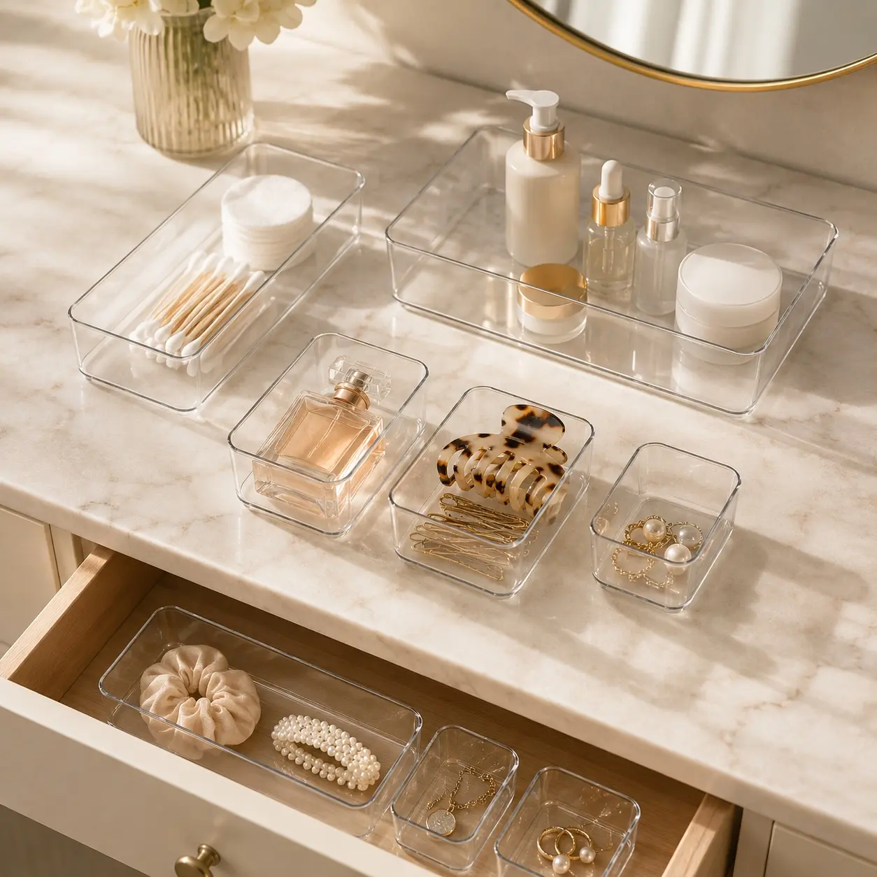 8-Piece Transparent Drawer Organizer Set, Multi-Compartment Acrylic Storage Box, Durable Plastic Desktop Tray, Ideal for Makeup, Office, Bathroom