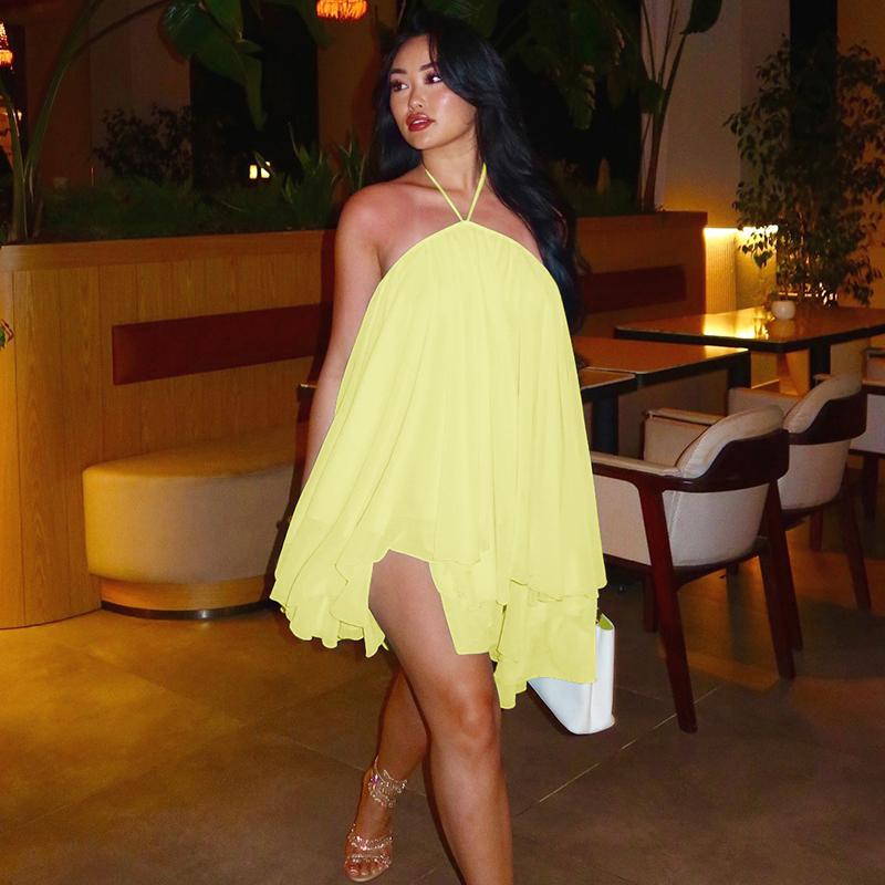 Dreamy Sleeveless Halter Mini Dress with Multiple Layers Solid Color Loose A Line Dress for Women's 2025 Fall New Arrival Casual Elegant Outfit Parties & Dates, Feminine & Trendy Gown Dresses SpringStatements