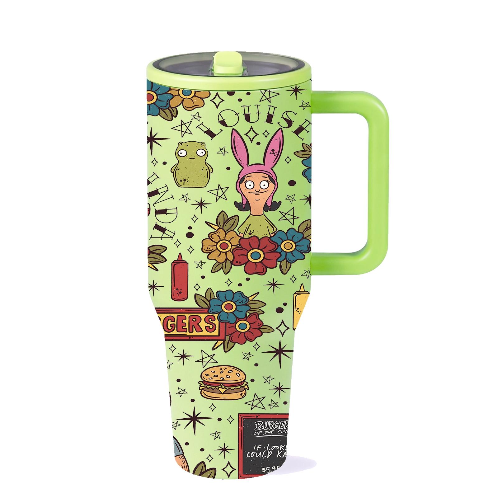 1 PC 40oz Leakproof Insulated Tumbler With Handle And Lid, Double Wall Stainless Steel Travel Mug, Leak Proof, Keeps Drinks Hot 12H Cold 24H, Cartoon Burger Family Print Cup, Large Capacity Thermal Mug, Flasks For Iced Coffee, Water, Gifts For Women Men