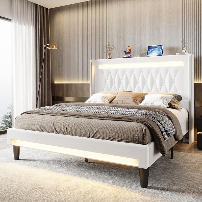 HOOMIC Upholstered Platform Bed Frame【Frame Only No Mattress】with High Wingback Headboard,Dual LED Light Strips,Dutch Velvet Diamond Tufting,Full/Queen/King,Black/White/Grey,No Box Spring Needed