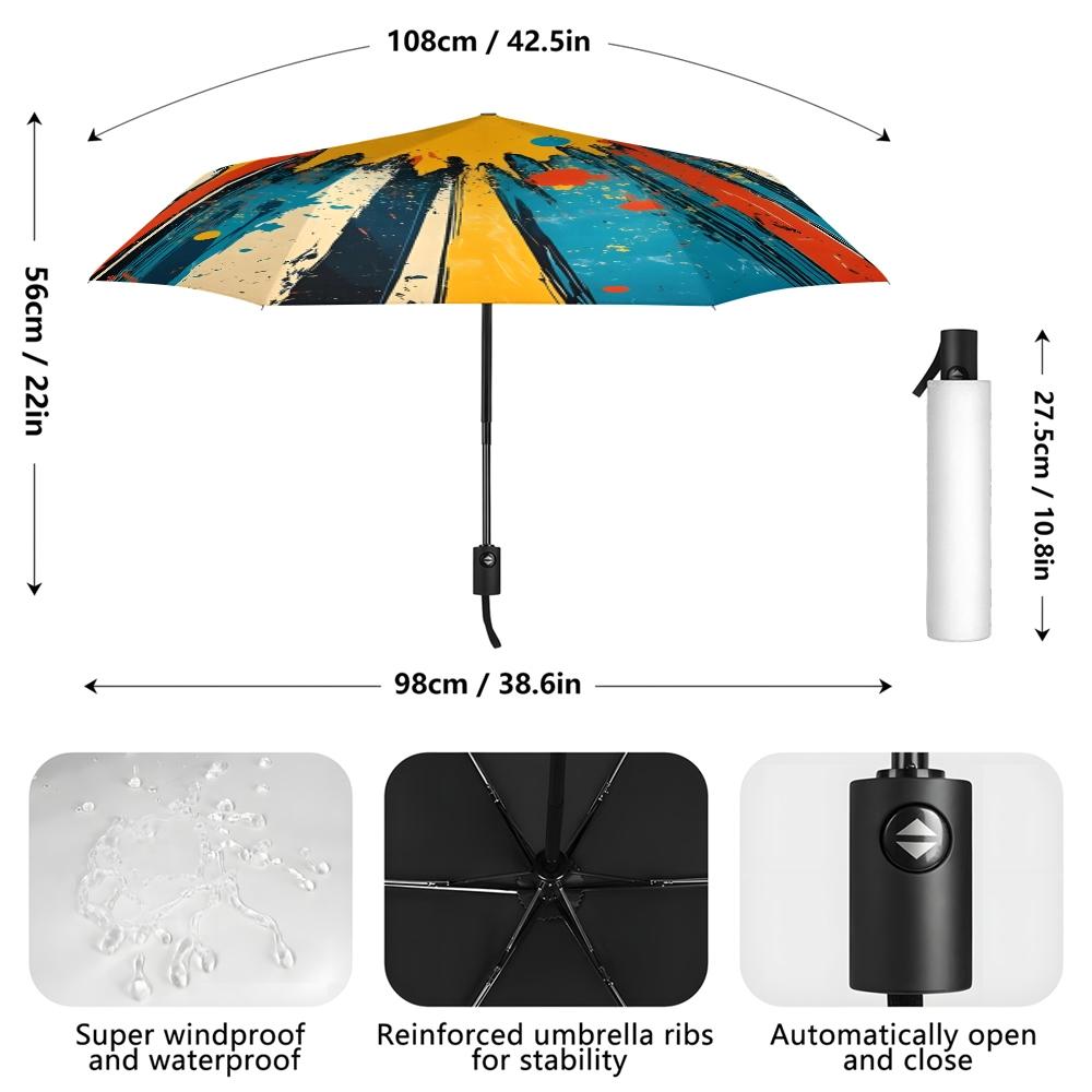 Comic Explosion Wind Resistant Foldable Automatic Umbrella Vintage Splatter Bold Colors, Functional Photo Prop, Portable 8 Ribs, Great Gift for Christmas & Valentine's Day