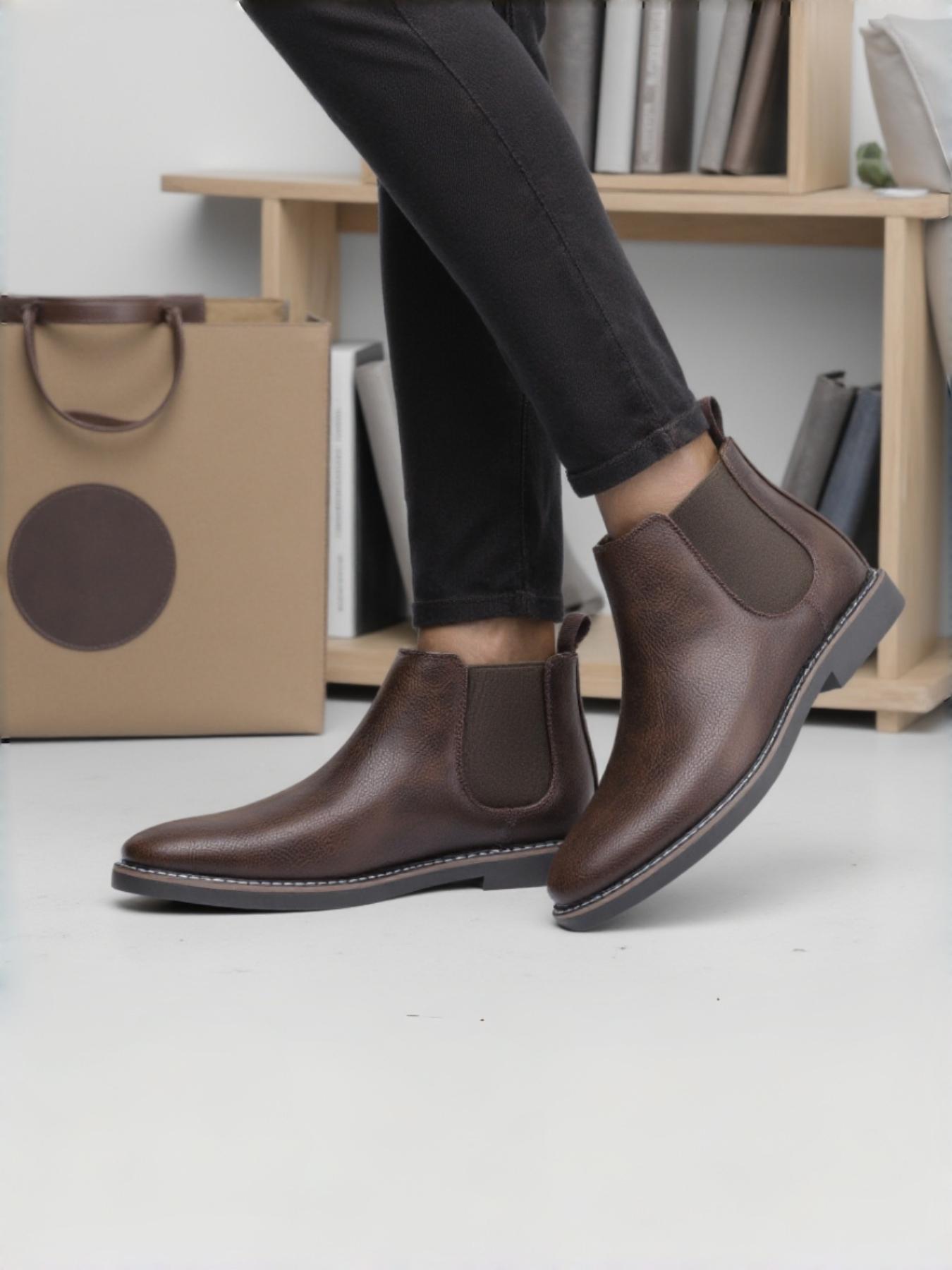 PU Leather Chelsea Boots, Vintage Simple Style, Stitched Elastic Fabric, Thick Rubber Sole Support, Natural Texture, Urban Youth Casual Walking Shoes