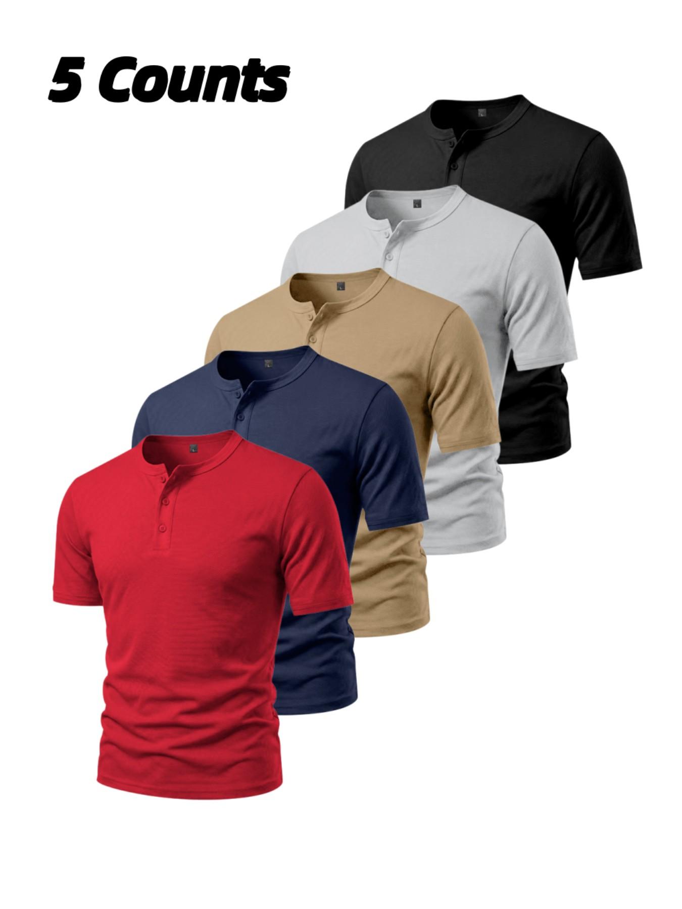 Men's 5-Pack Three-Button Mesh Short Sleeve Henley T-Shirts, Athletic Apparel, Summer Breathable Solid Color Casual Sports Tops, Comfortable Basic Top, Fitness T Shirt