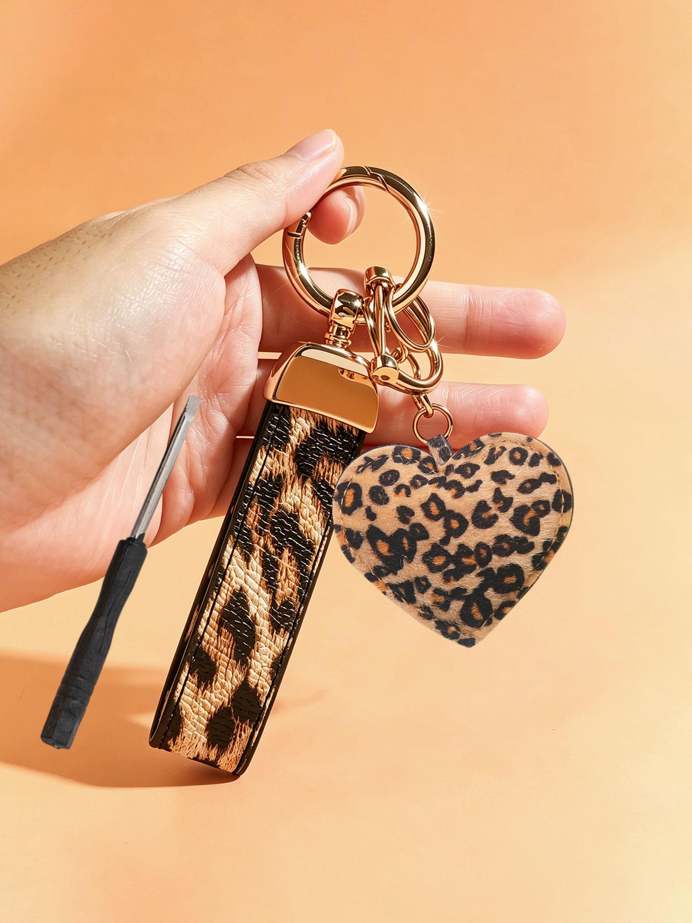 Leopard Print Heart/Star Purse Charm Bag Keyring & Leopard Print Car Key Fob Lanyard with Anti-Lost D-Ring Faux PU Leather Keychain Car Key Holder Strap Animal Cheetah Print Car Key Handbag Charms Bag Pendant Backpack Automotive Accessories Couple Gift