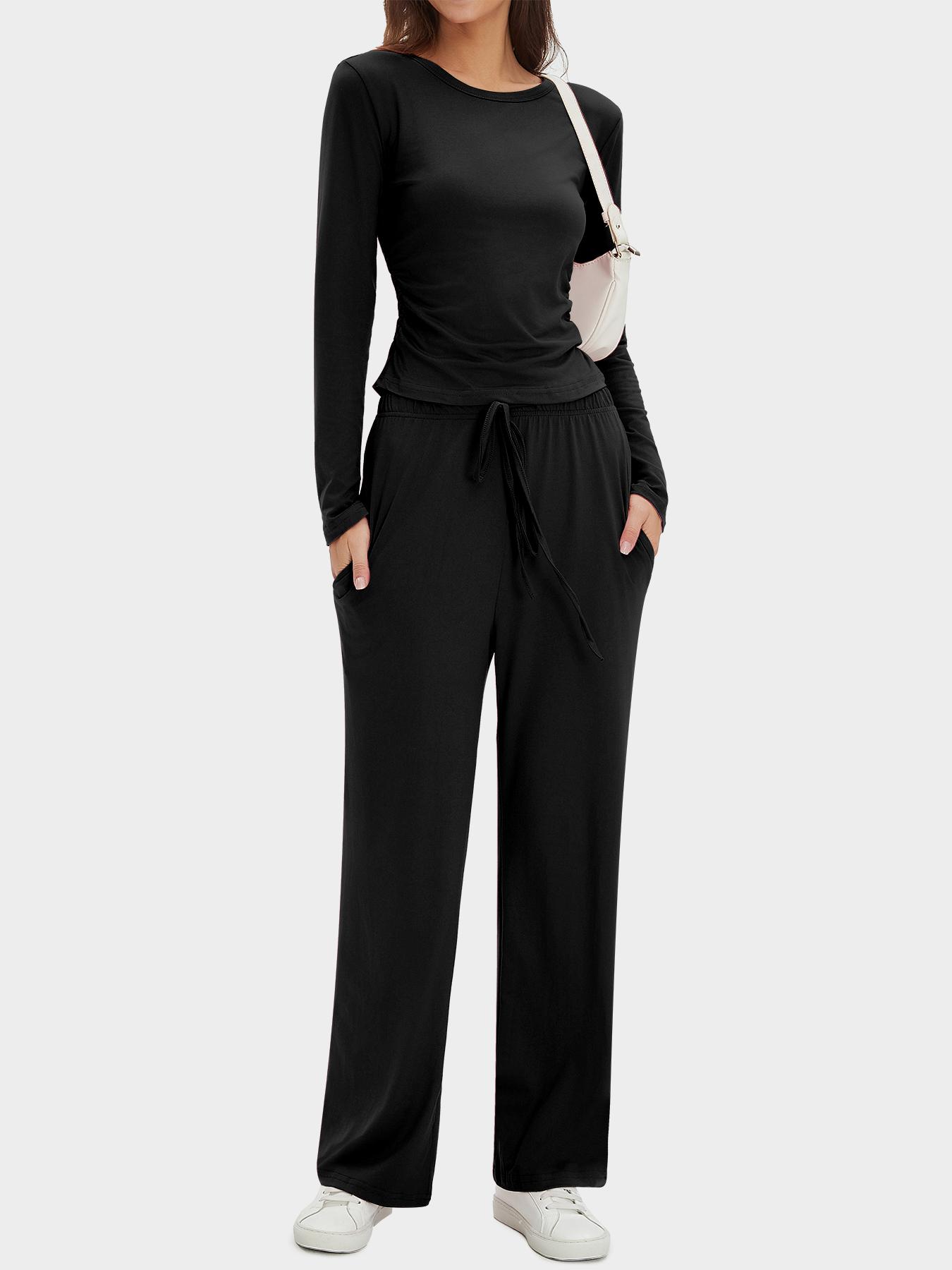 Women's 2-Piece Set Autumn and Winter Loungewear Sets, Ruched Fitted Long Sleeve Tops & High Waisted Wide Leg Pants