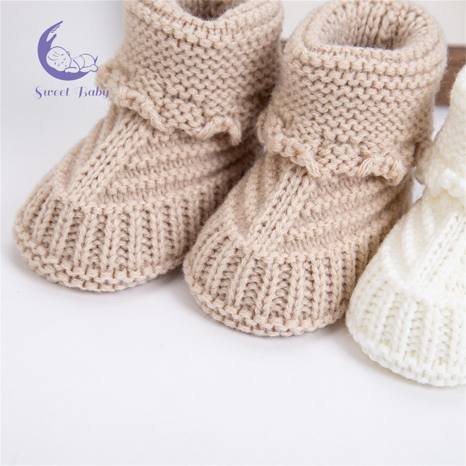 Cute Baby Knitted Cotton Blend Booties - Knitted Shoes for 0-6 Months Boys & Girls, Soft-Sole Winter & Fall Walking Shoes