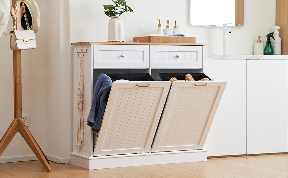 【Does Not Include Trash Can】AHB Double Tilt Out Trash Cabinet Free Standing Recycling Trash Cabinet with Hideaway Drawers, 2x13 Gallons Pet Proof Trash Can Cabinet for Kitchen Living Room