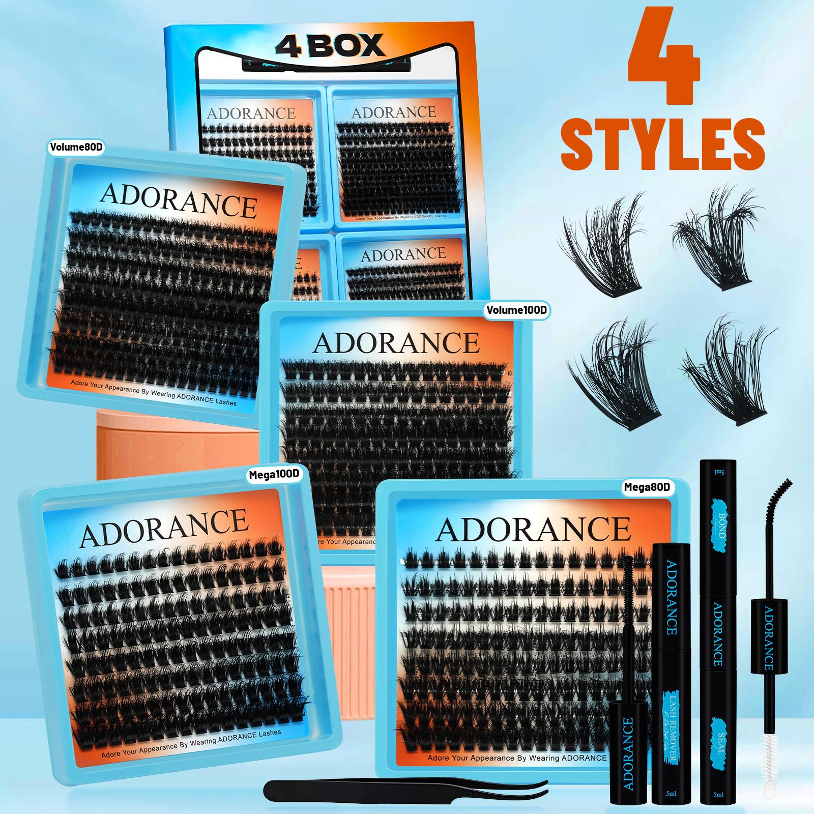 ADORANCE Lash Clusters Kit 550 PCS, 4 Styles (Volume 80D/100D, Mega 80D/100D) Individual Lash Extensions Mini Kit with Lash Bond and Seal, Lash Glue Remover & Eyelash Tweezers, Perfect for Daily Makeup, Parties, Weddings & Home DIY Use