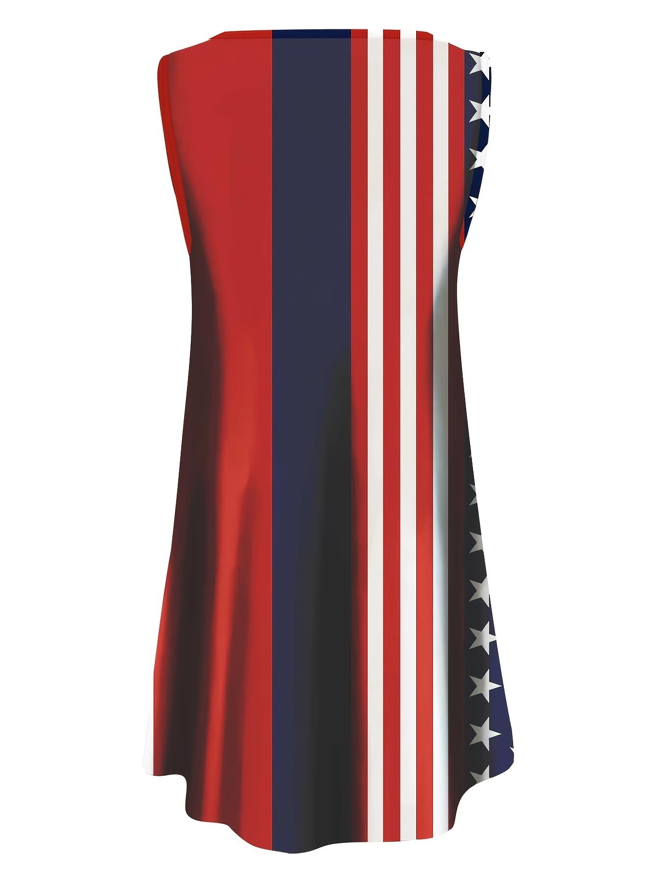 Women's sleeveless A-line dress featuring a U.S. flag print, perfect for celebrating Independence Day