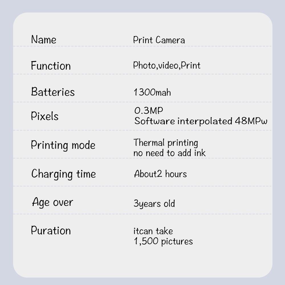 Instant Camera, Portable Camera, Digital Camera, Multifunctional 1080P HD Dual-Camera Kids Instant Print Camera, Includes Storage Card & Thermal Paper Roll, Birthday Gift