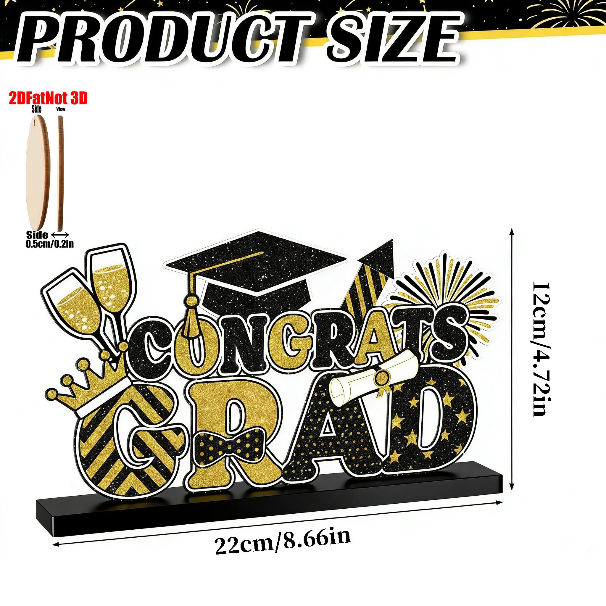 2D Graduation Table Sign, and, Wooden Base, Centerpiece Decor, Suitable for Desk, Fireplace, Party Supplies