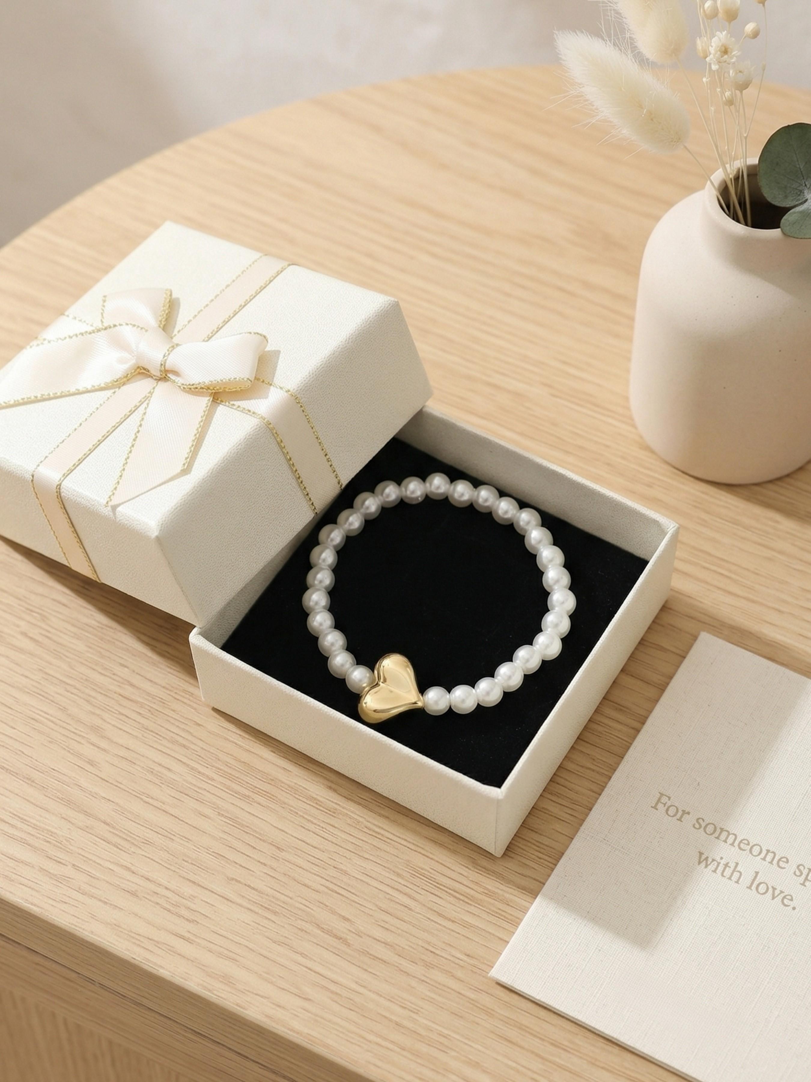 Elegant French Pearl Bracelet, Heart Pendant, Single Gift Box, Boho Style, Polyamide Material, All Seasons Accessory