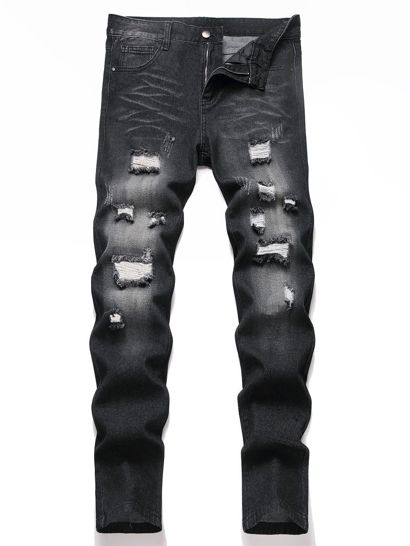 Men's Jeans Natural Ripped Personalized Pockets Black Denim Pants Stylish Streetwear Casual Classic Soft Straight Mid Waist All Seasons Trousers Menswear