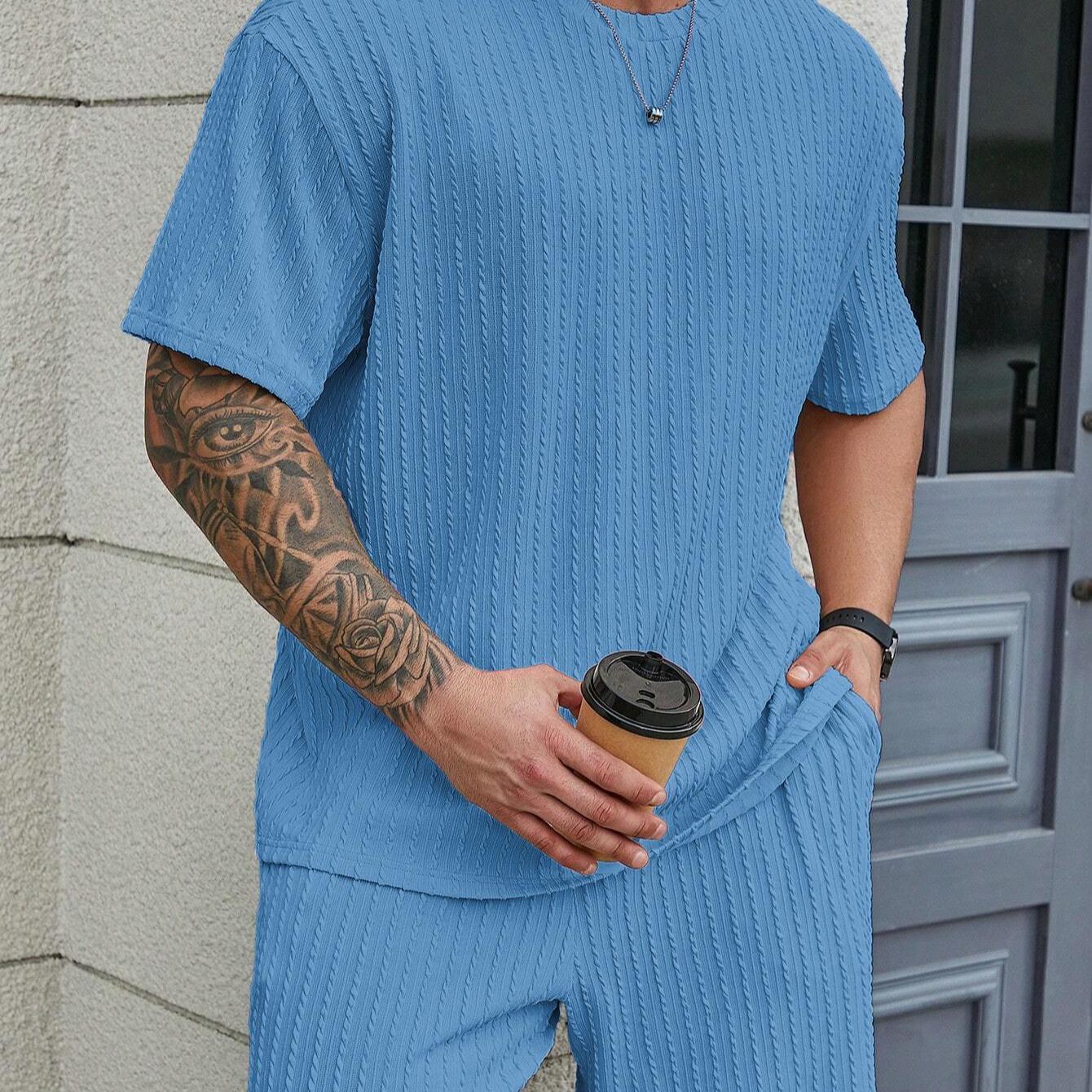 KZZ Men's Premium 2-Piece Plain Casual Shorts Set - Solid Textured Drop Shoulder Round Neck Tee & Drawstring Shorts, Relaxed Loose Fit, Machine Washable, Fashion Spring Summer Menswear, Christmas Gifts for Him