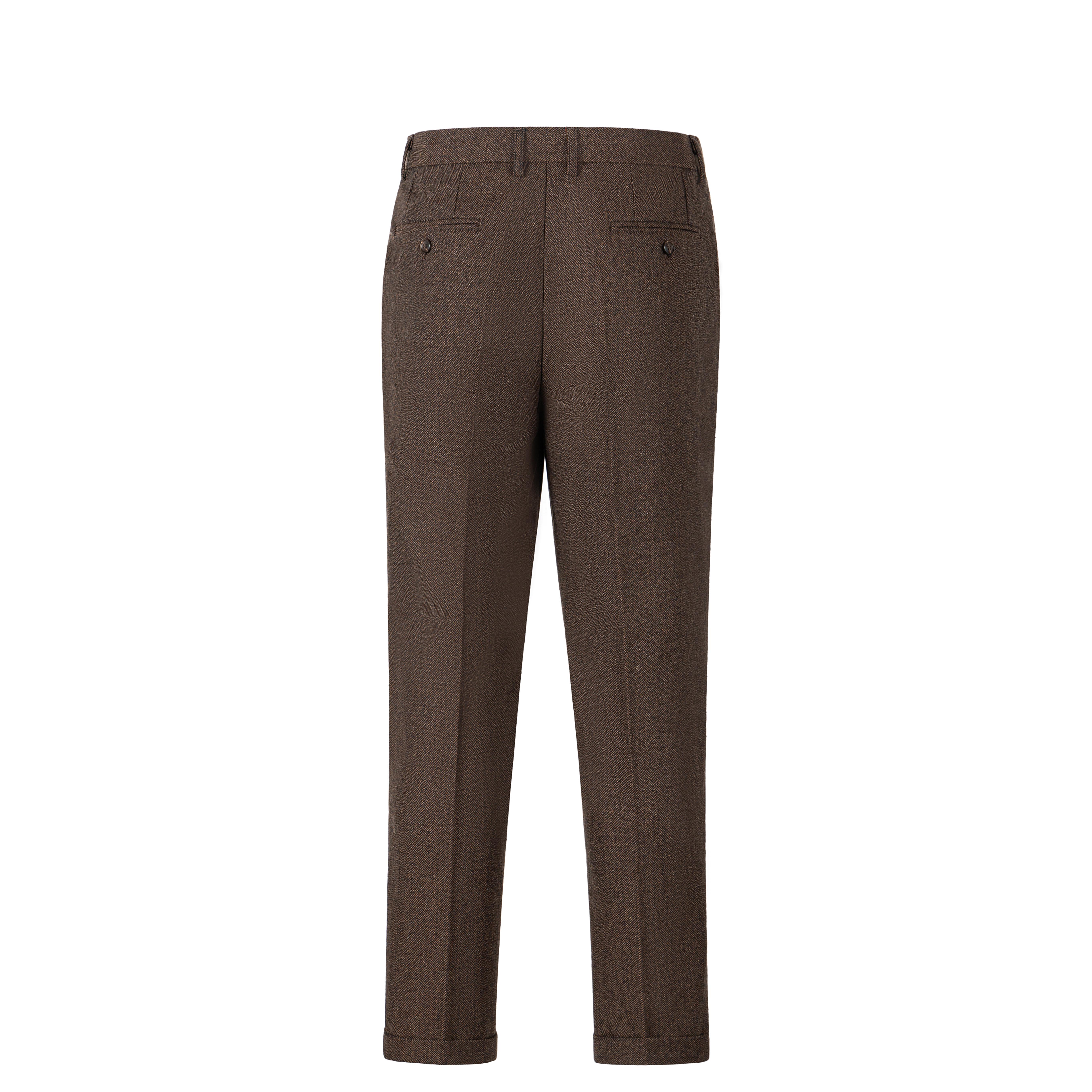 Men's Retro Herringbone Tweed Double Pleat Straight-Leg Turn-Up Cuff Trousers, Menswear Formal-Casual Gentleman Pants with Blazer Dress Fabric, Men's Clothing Vintage Clothing Boosted by Vintage Tweed Style Elevates Basics & Regular Fit Ease