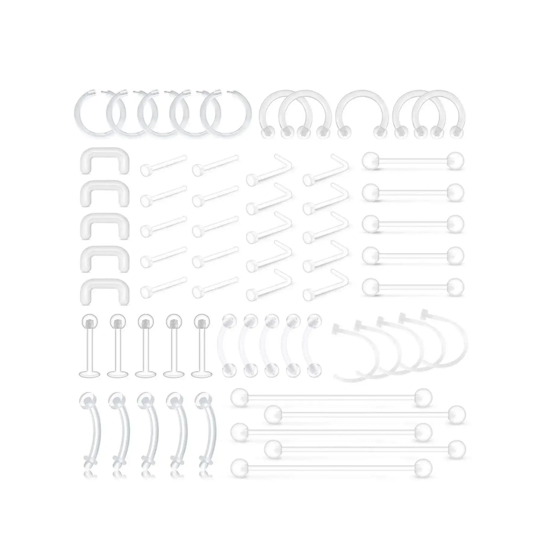 Clear Piercing Retainers, 65 Counts Flexible Lip Ear Nose Septum Eyebrow Nipple Tongue Rings Plastic Piercing Jewelry, Body Jewelry for Party, Nose Piercings Kit