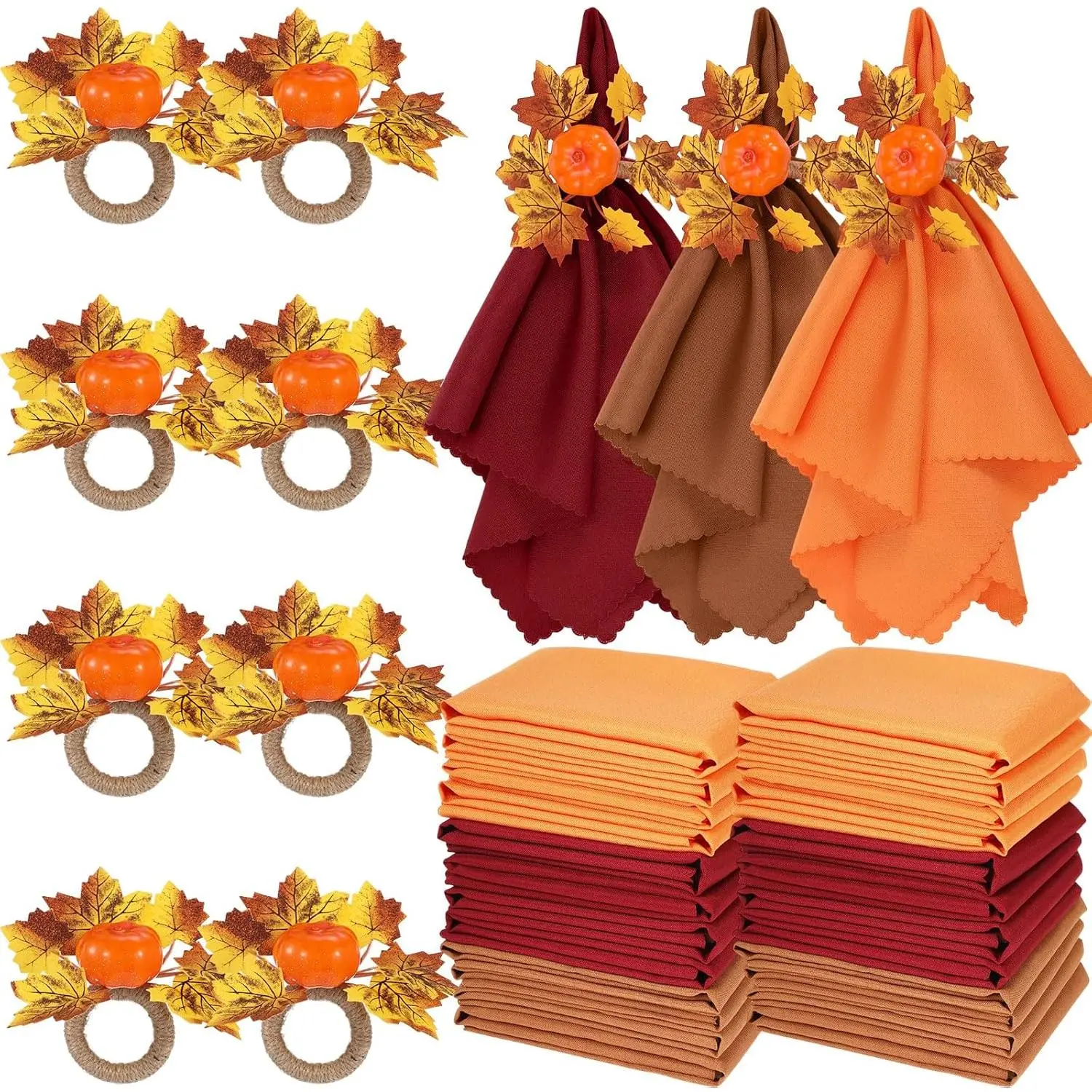 LemonRoad 36 Pcs Fall Cloth Napkins and Napkin Ring Holders, Autumn Reusable Fabric with Wooden Maple Leaf Pumpkin Napkin Rings for Thanksgiving Table Decor Fall Banquet Holiday Dinner Party Supply