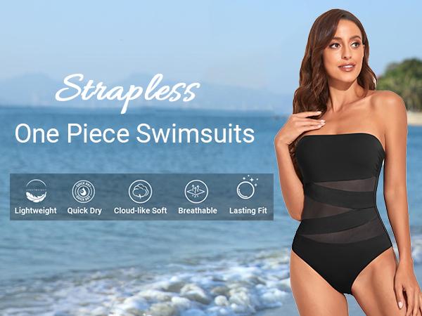 Holipick Women Strapless Bandeau One Piece Swimsuits Sexy Mesh Cutout Bathing Suits Tummy Control Swimwear Holipick Women Strapless Bandeau One Piece Swimsuits Sexy Mesh Cutout Bathing Suits Tummy Control Swimwear