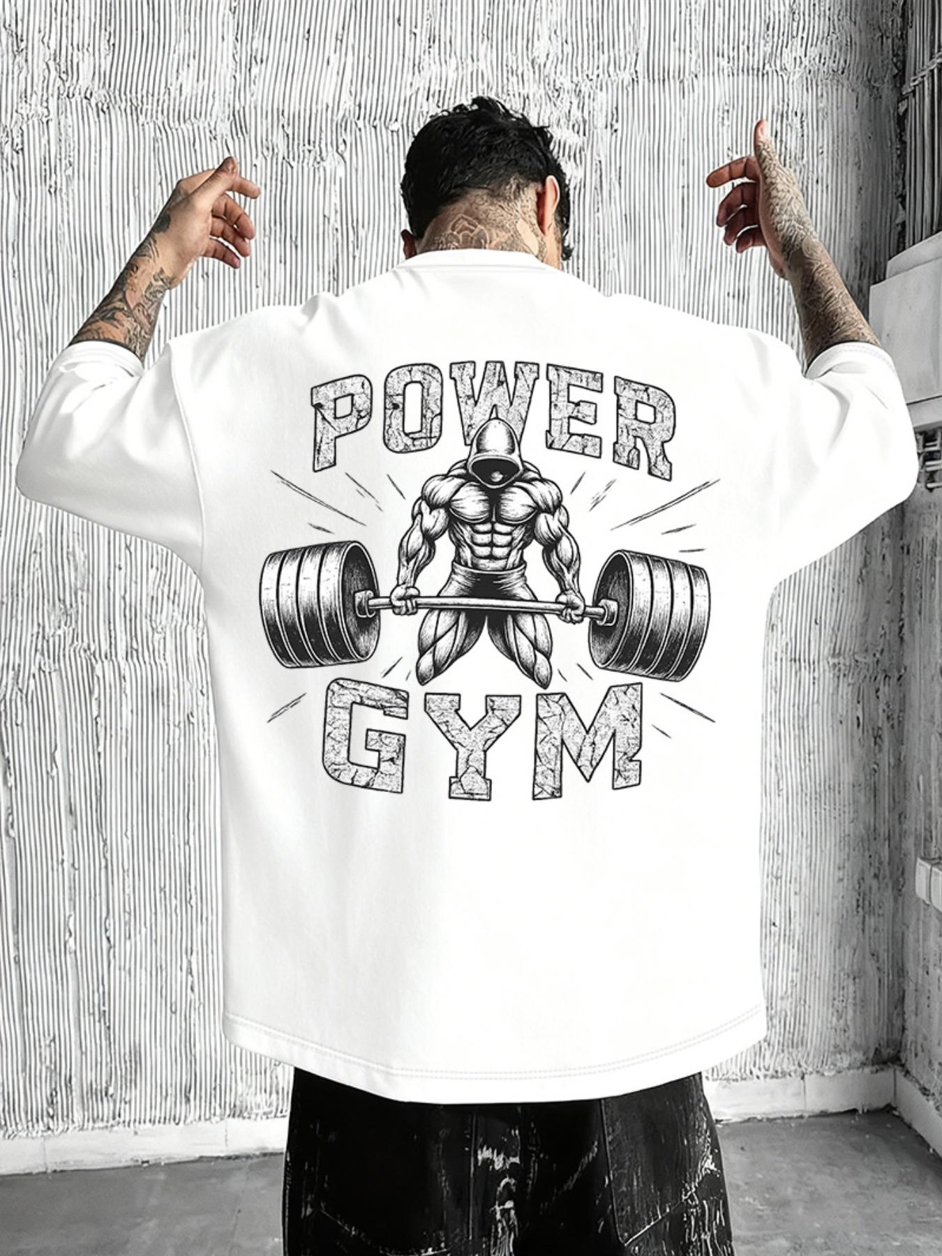 Men's Cool "Power Gym" Bodybuilding Graphic T-Shirt: Black Oversized Tee with Weightlifting Print, Perfect for Fitness Enthusiasts and Street Gym Style