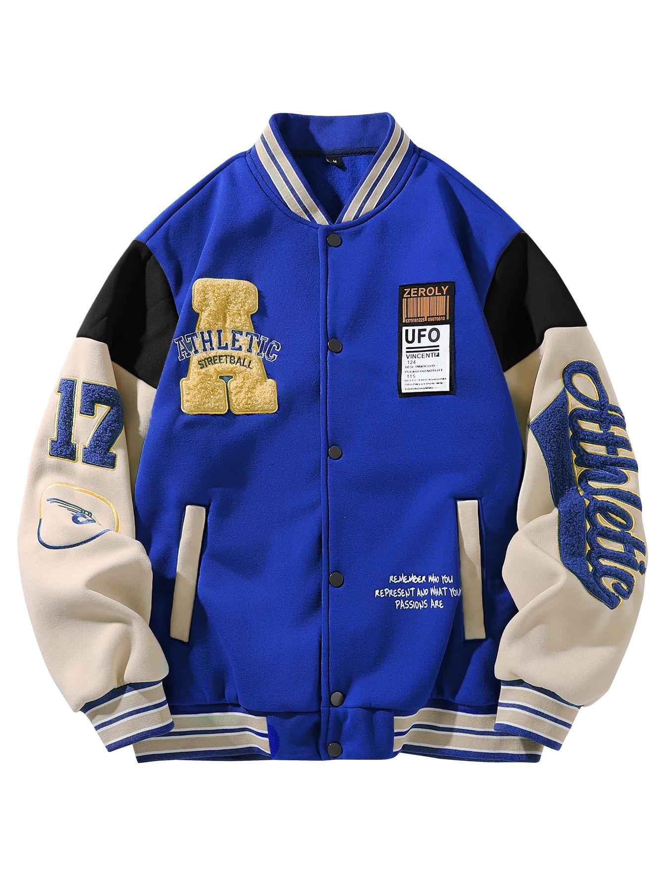 Autumn Winter American Retro Colorblock Embroidered Baseball Jacket, Youth Trendy Fleece Embroidery Letter Design, Casual Couple Outdoor Coat