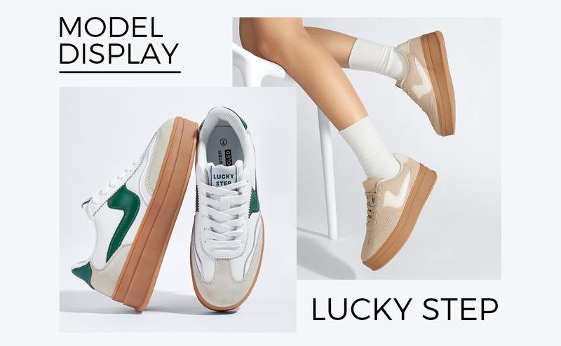 LUCKY STEP Women's Platform Fashion Sneakers Thick Sole Suede Genuine Leather Classic Rubber Gum Sole Low Top Athletic Walking Shoes