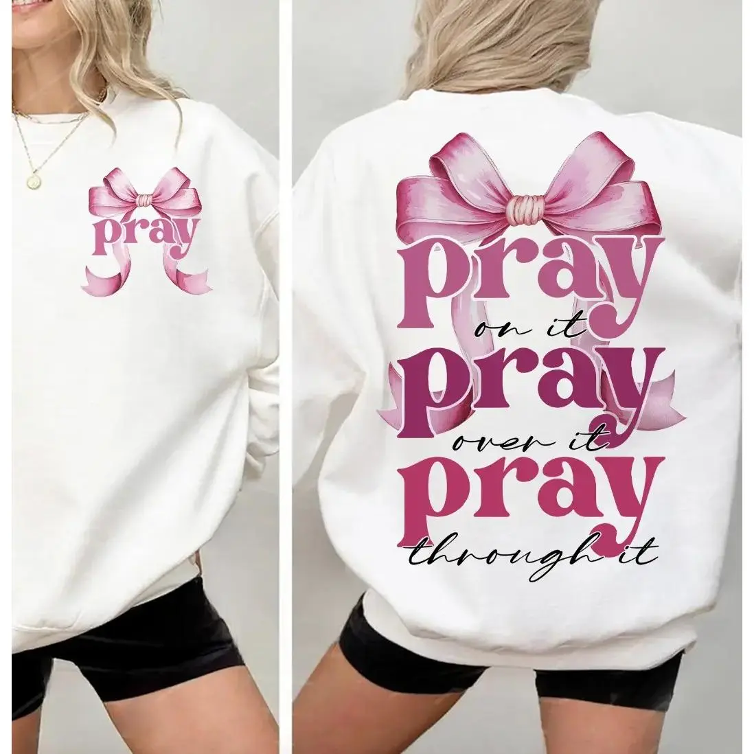 Christian with 2-Sided Printed "Pray On It" Women's Pullover Sweatshirt, Cute Coquette Bow Style Casual Sweatshirt, Christian Gifts