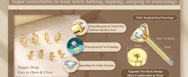 Jstyle Hypoallergenic Surgical Steel Earrings for Sensitive Ears Flat Back Earrings for Women Small Stainless Steel Earrings Flatback Stud Hoop Cartilage Earring Set for Multiple Piercing