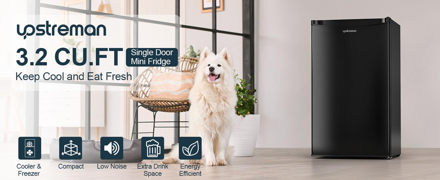 Upstreman mini fridge 3.2 Cu.Ft with Freezer Compact Single-Door Fridge for Dorm Office Bedroom BR321 Adjustable Temperature Thermostat Energy-Efficient Quiet Operation Pink