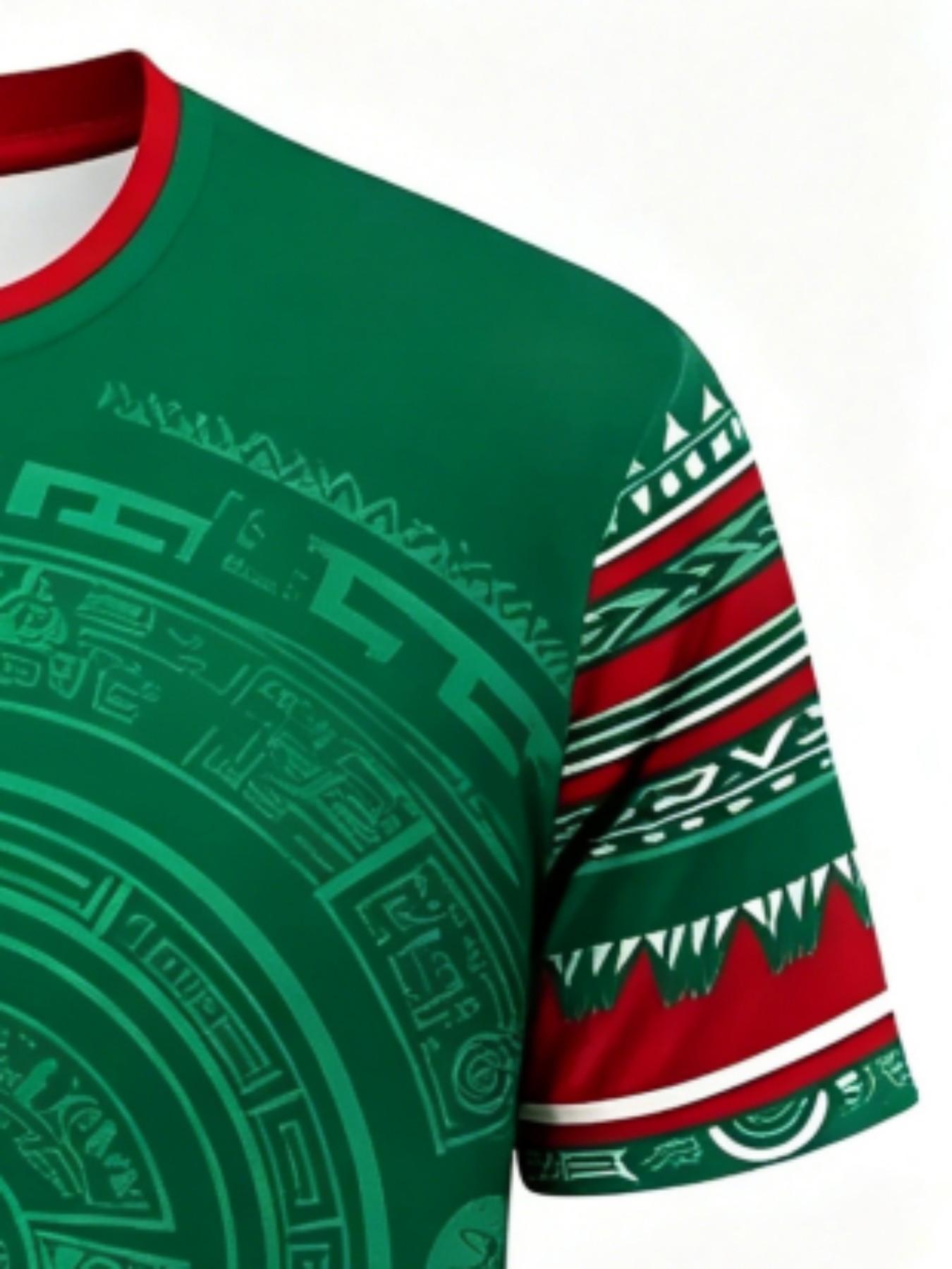 Men's Aztec Sunstone Mexico Sport T-Shirt, Tribal Style Round Neck Short Sleeve Top, Loose-Fitting Geometric Pattern, All Seasons