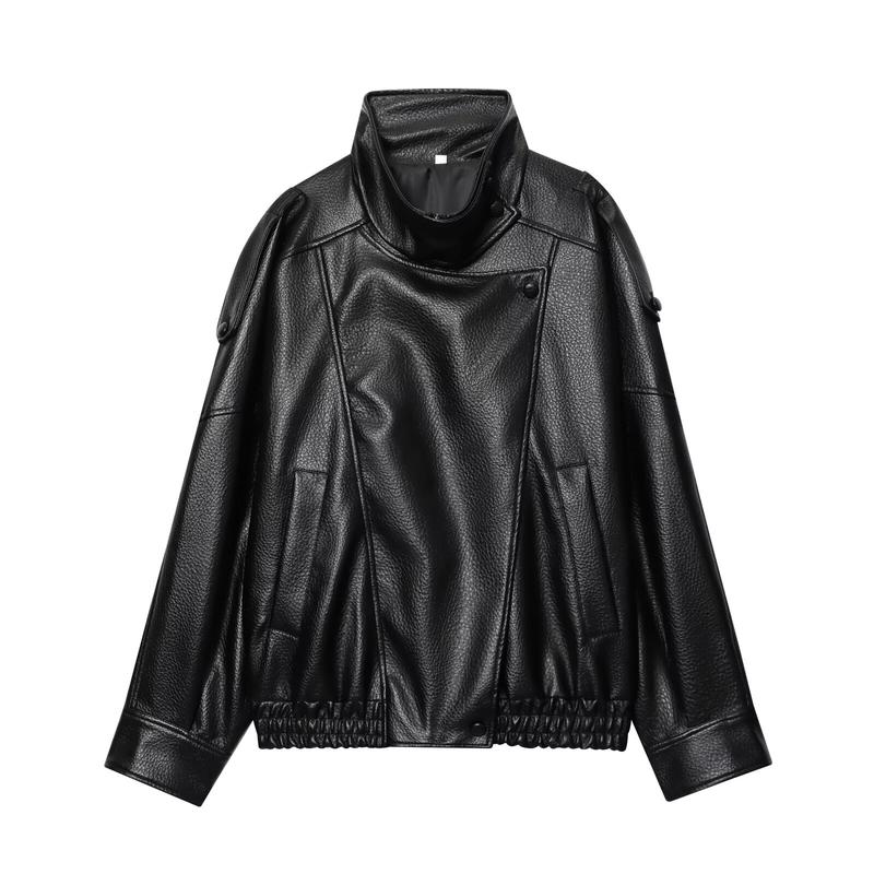 Women's Fashion Lychee-Grain PU Leather Jacket, European and American Style Biker Jackets for Autumn and Winter