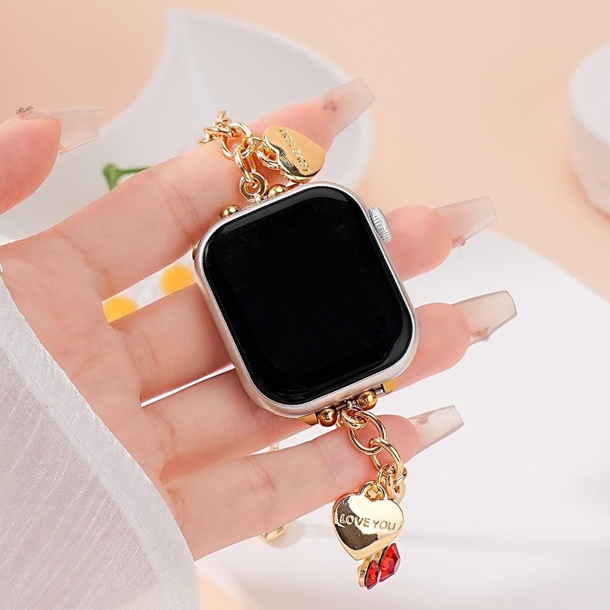 Women's Metal Chain Apple Watch Band, Heart Cherry Charm Bracelet Strap for Iwatch 38-49mm, Perfect Gift for Birthday & Valentine's Day