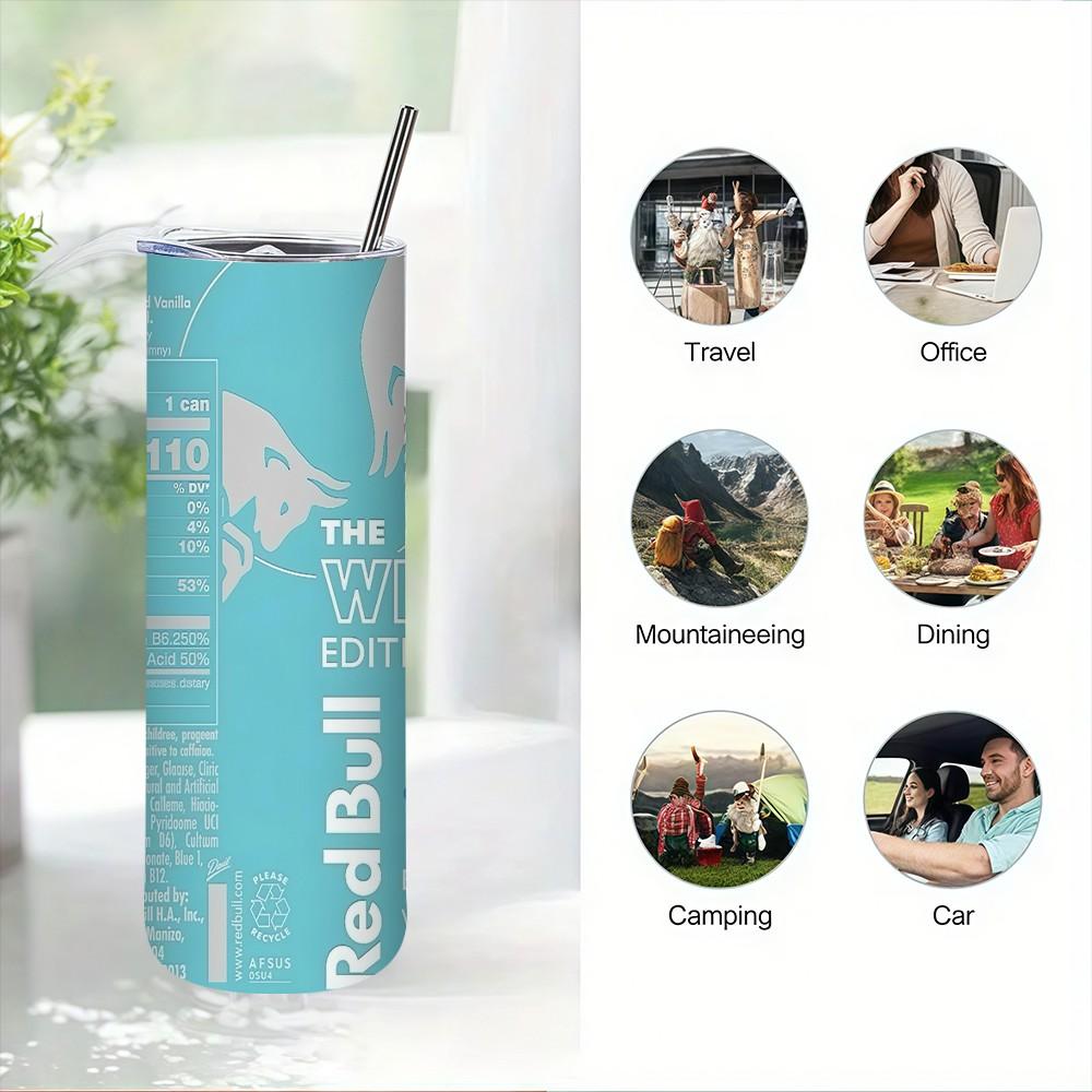 1pc 20oz Red Bull Winter Edition Stainless Steel Thermos Mug with Straw & Straw Cleaner, Double Wall Insulated for Coffee, Ideal for Outdoor, Office & Camping