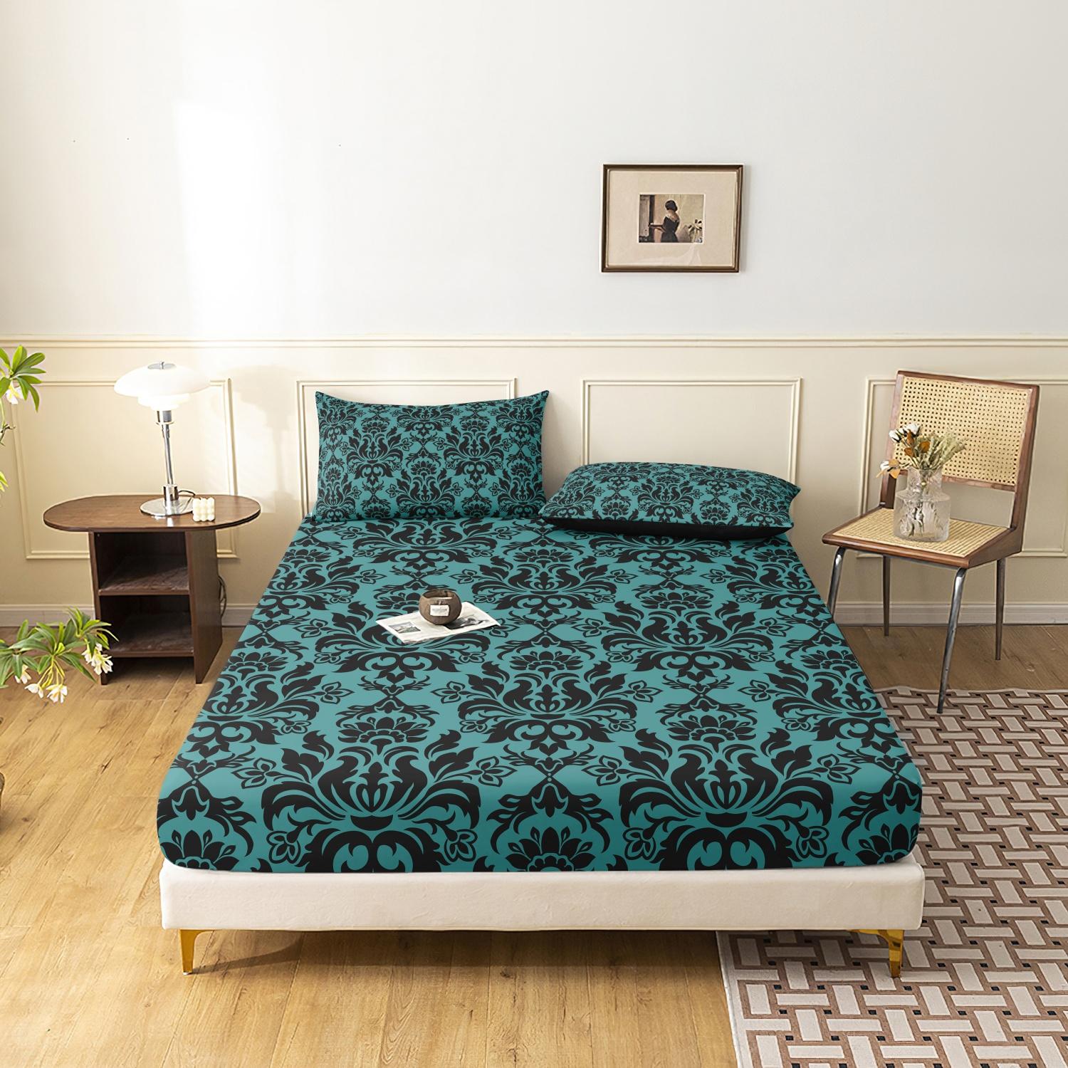 3pcs Fitted Sheet Set (1 Fitted Sheet + 2 Pillowcases, Pillow Core Not Included), Home Dormitory High-Definition Printed Black Pattern Fitted Sheet