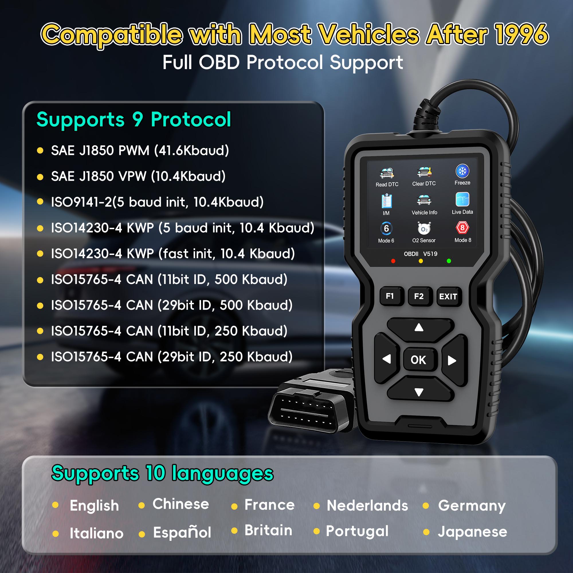 Obd2 Scanner Diagnostic Tool, Automotive Scan Tool, Engine Code Reader with Reset Function, I/m Preparation Test, Fits All Cars Made After 1996