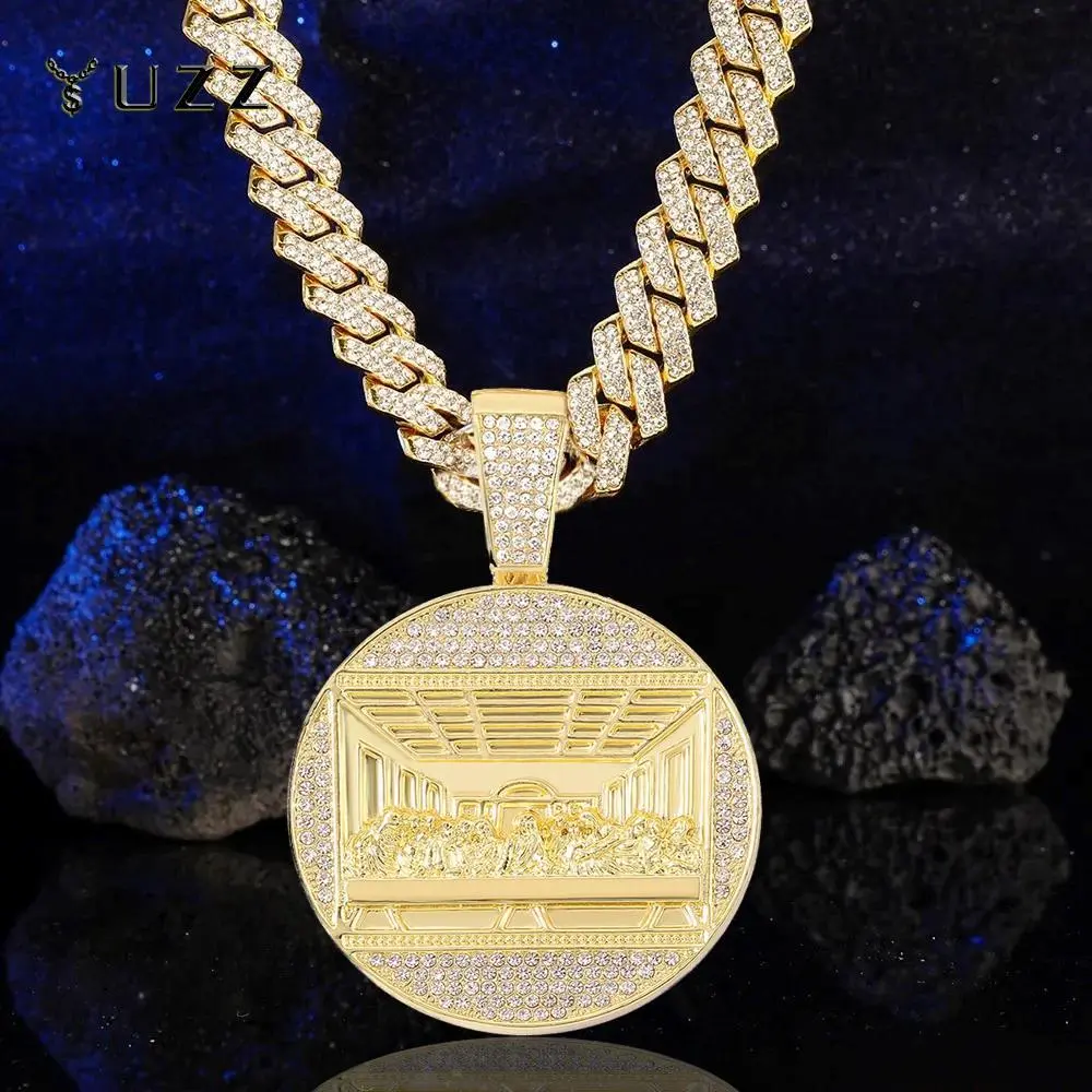 New Last Supper Iced Out Charm Pendant Cuban Link Necklace, 14mm Multi-Size Chain Jewelry Necklaces for Hip Hop Men, Fashion Costume Accessory