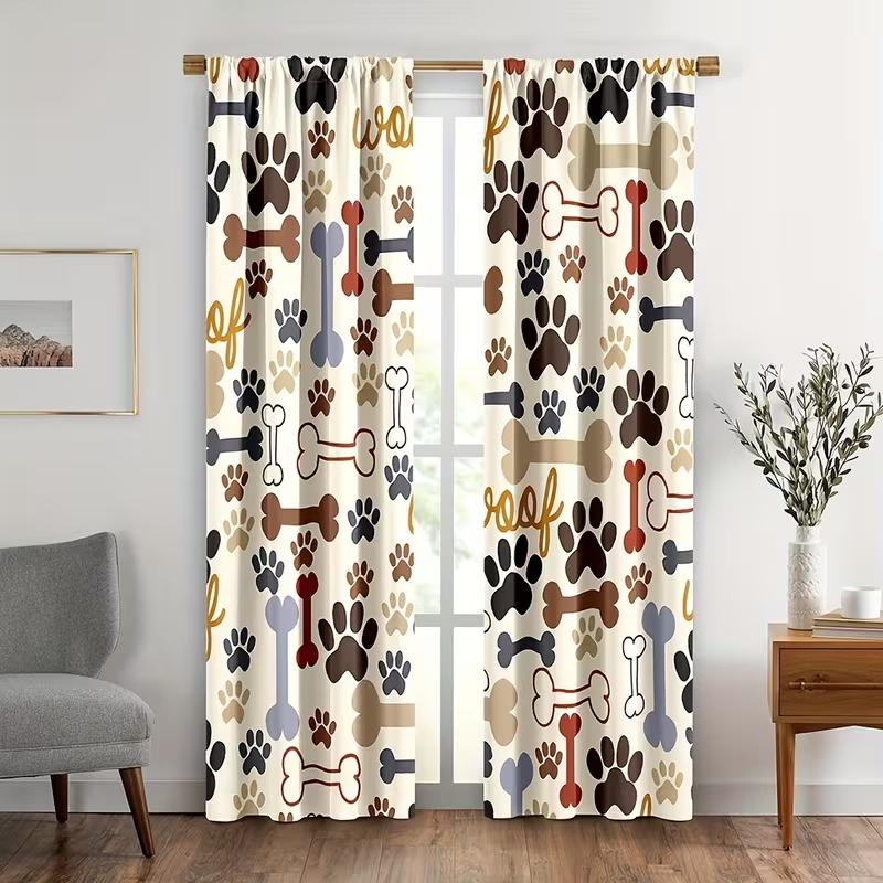 2 pieces of dog paw printed curtains, made of polyester with semi-transparent texture, machine washable, suitable for bedrooms, living rooms and home decoration curtains.