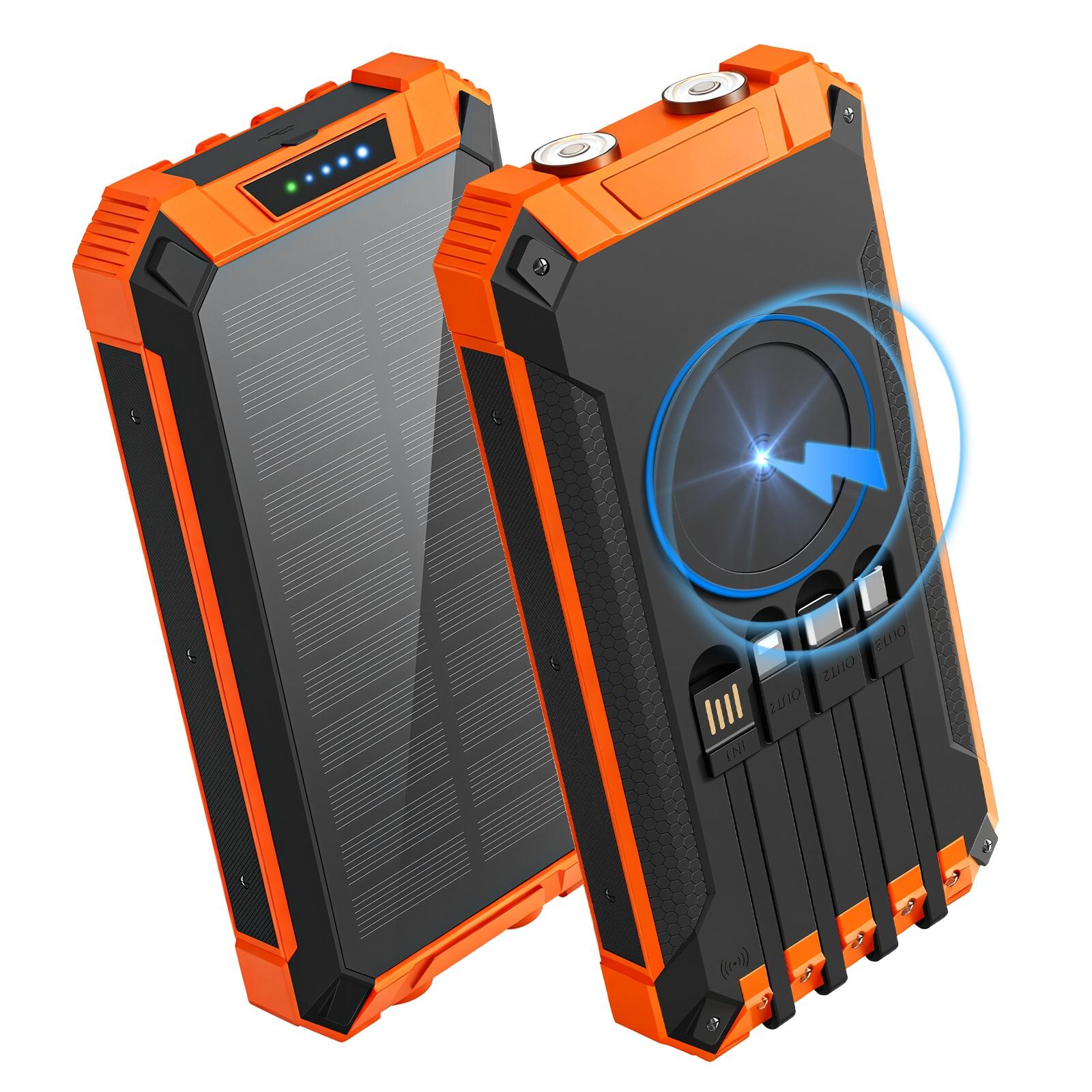 46800mAh Solar Charger Power Bank Wireless Charger Built in 4 Cables 6 Outputs, 15W Fast Charging Power Bank for All Mobile Devices with Dual Flashlights